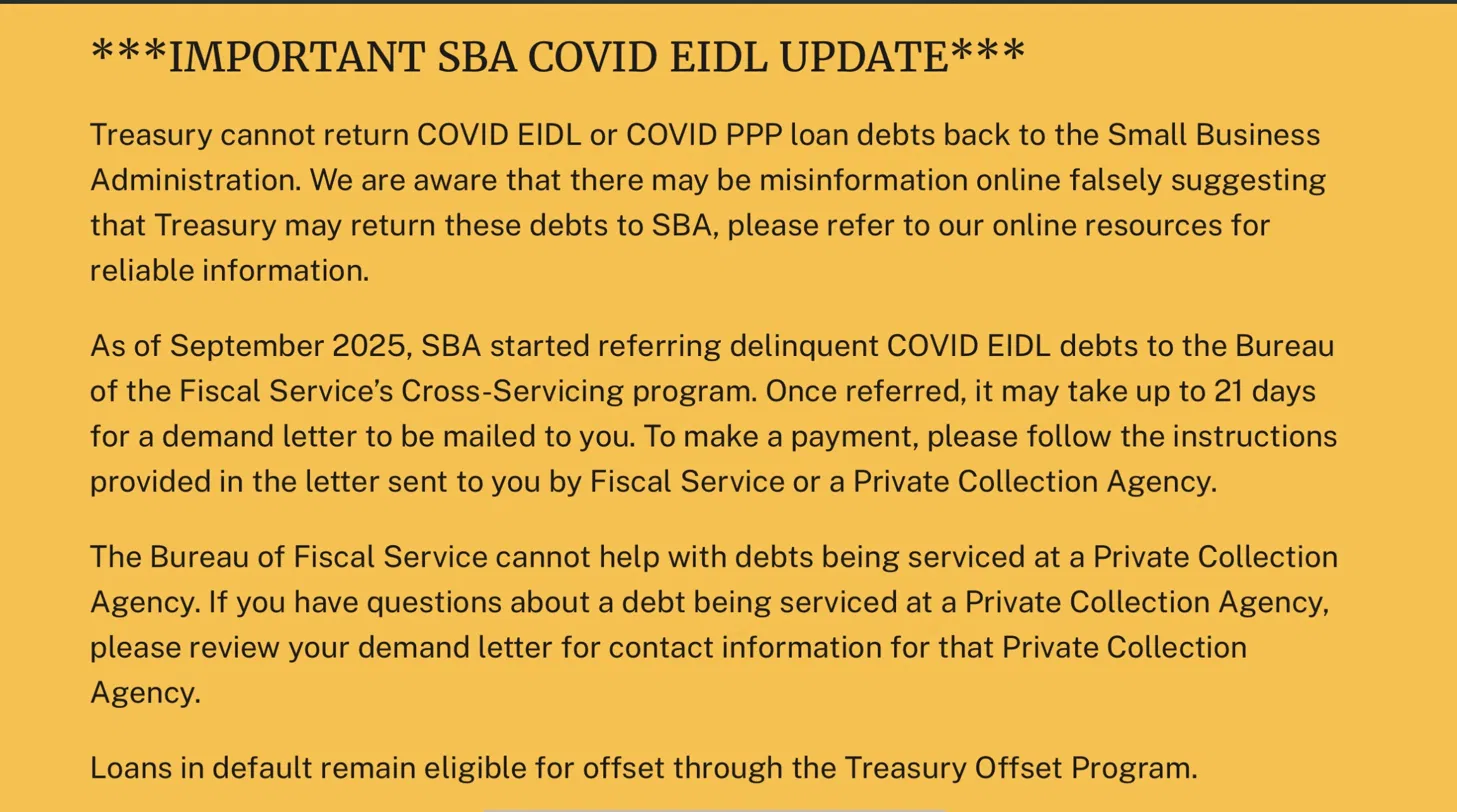Bureau of the Fiscal Service public notice on COVID EIDL and PPP debt referral policy